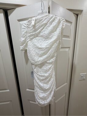 Ronny Kobo Collection White One-Shoulder Lace Ruched Mini Dress